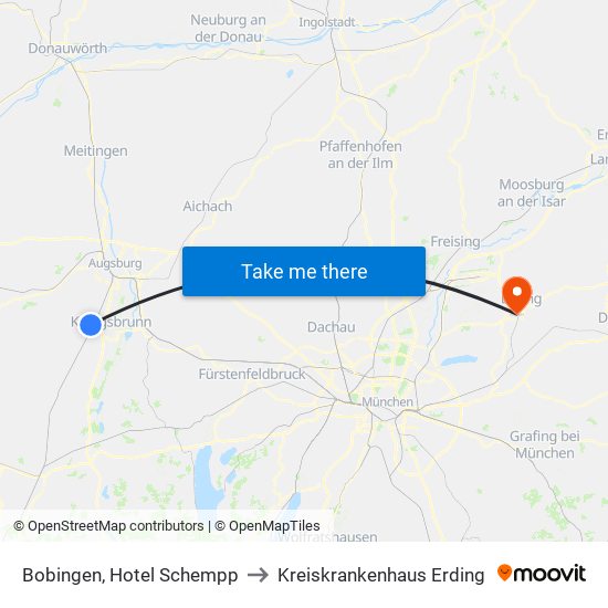 Bobingen, Hotel Schempp to Kreiskrankenhaus Erding map