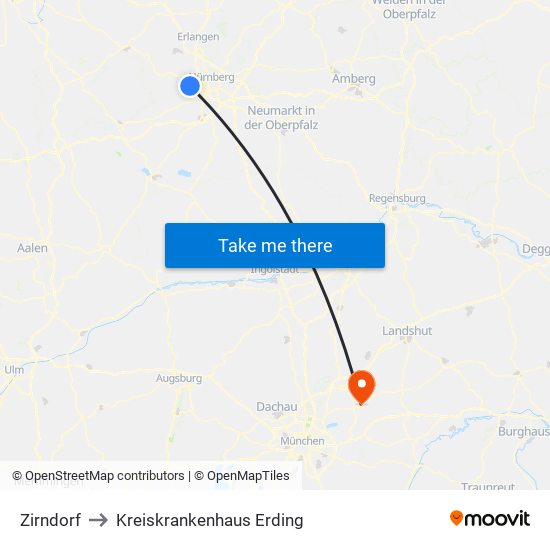 Zirndorf to Kreiskrankenhaus Erding map