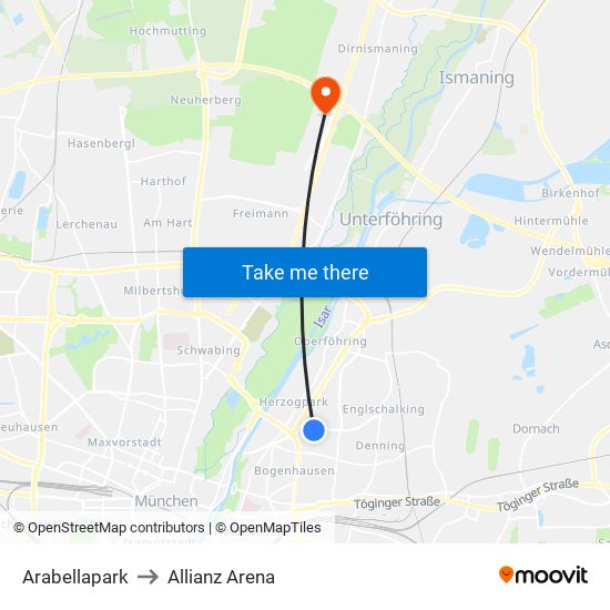 Arabellapark to Allianz Arena map