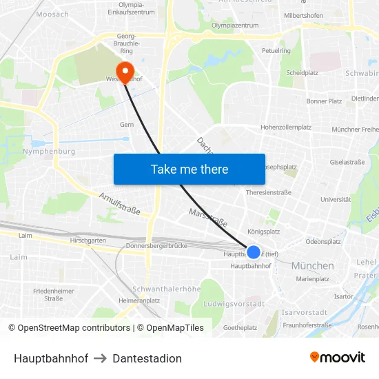 Hauptbahnhof to Dantestadion map