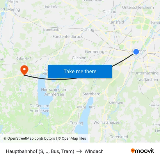 Hauptbahnhof (U, Tram) to Windach map