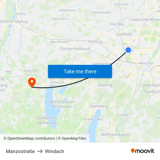 Manzostraße to Windach map