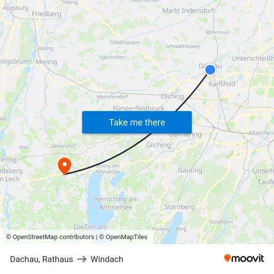 Dachau, Rathaus to Windach map