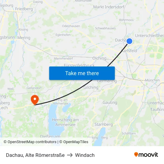 Dachau, Alte Römerstraße to Windach map