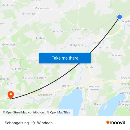 Schöngeising to Windach map