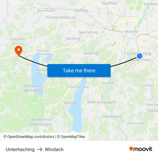 Unterhaching to Windach map