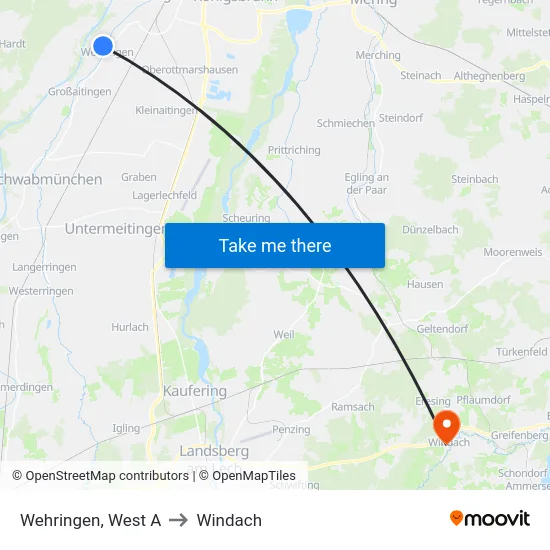 Wehringen, West A to Windach map