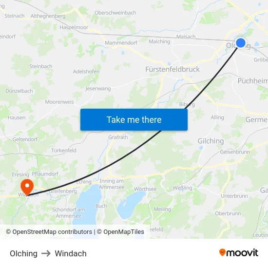 Olching to Windach map