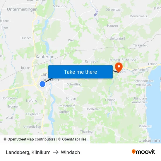 Landsberg, Klinikum to Windach map