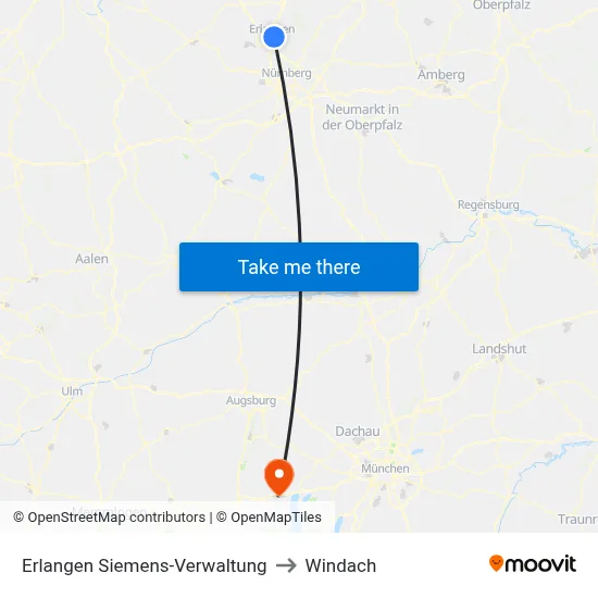Erlangen Siemens-Verwaltung to Windach map