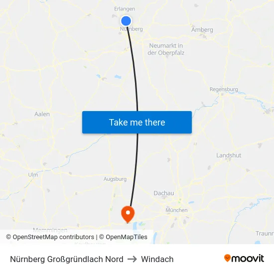 Nürnberg Großgründlach Nord to Windach map