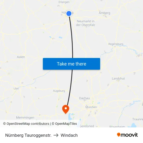 Nürnberg Tauroggenstr. to Windach map