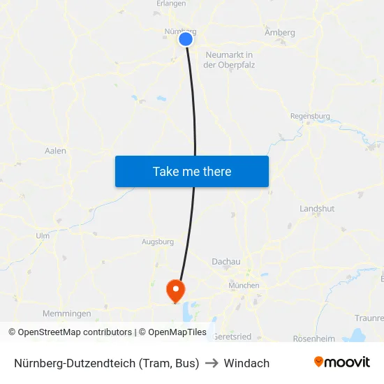 Nürnberg-Dutzendteich (Tram, Bus) to Windach map
