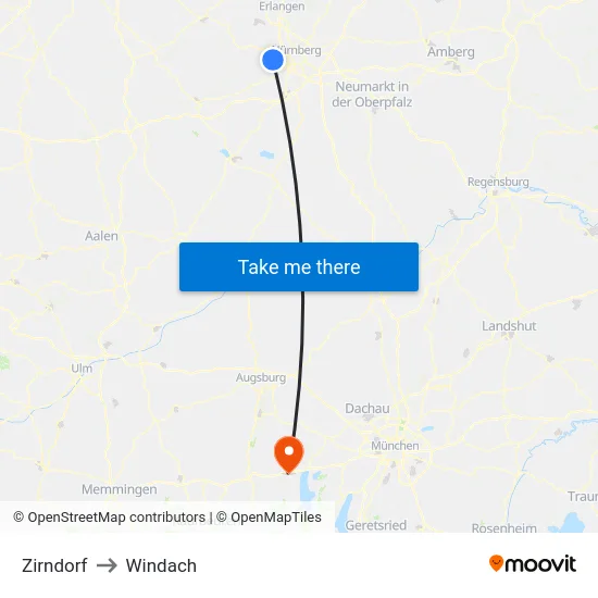 Zirndorf to Windach map
