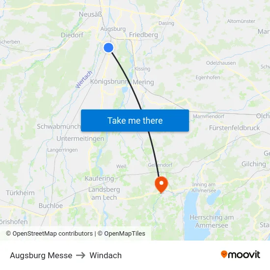 Augsburg Messe to Windach map