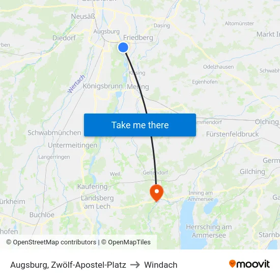 Augsburg, Zwölf-Apostel-Platz to Windach map
