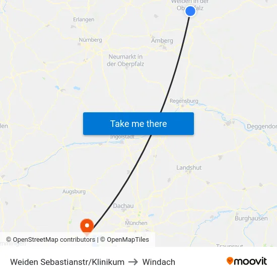 Weiden Sebastianstr/Klinikum to Windach map