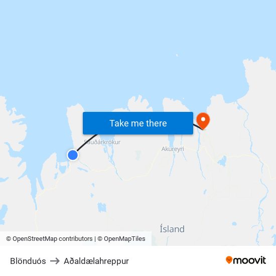 Blönduós to Aðaldælahreppur map