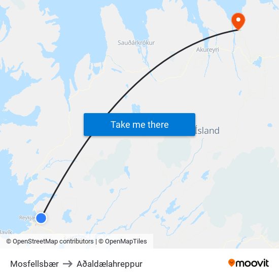 Mosfellsbær to Aðaldælahreppur map