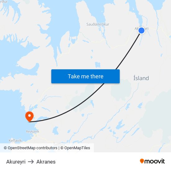 Akureyri to Akranes map