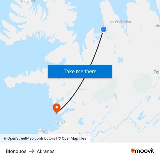 Blönduós to Akranes map