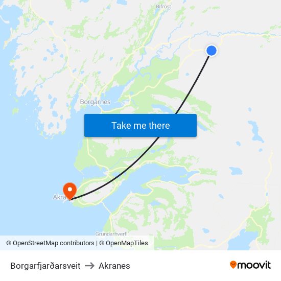 Borgarfjarðarsveit to Akranes map