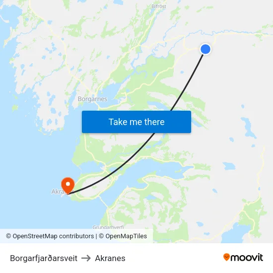 Borgarfjarðarsveit to Akranes map
