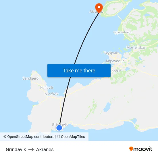 Grindavík to Akranes map