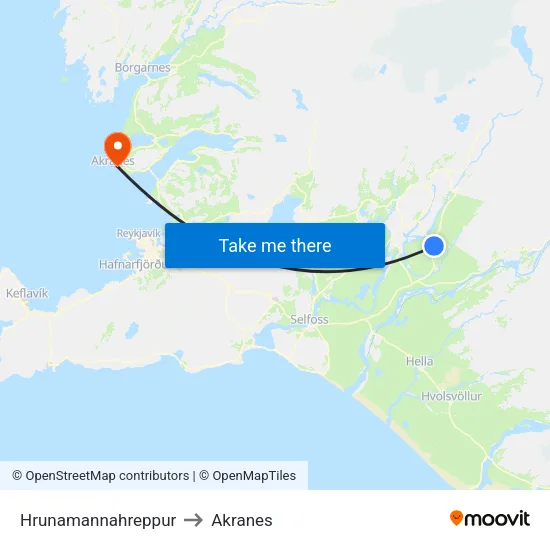 Hrunamannahreppur to Akranes map