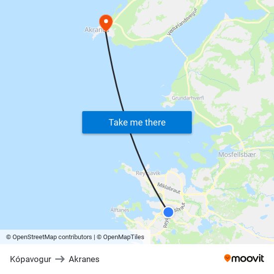 Kópavogur to Akranes map