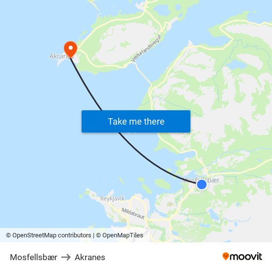 Mosfellsbær to Akranes map