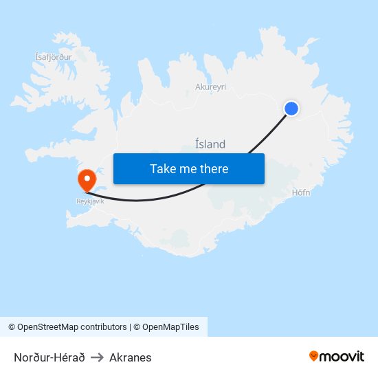 Norður-Hérað to Akranes map