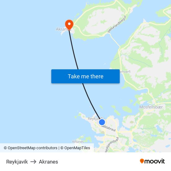 Reykjavík to Akranes map