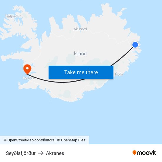 Seyðisfjörður to Akranes map