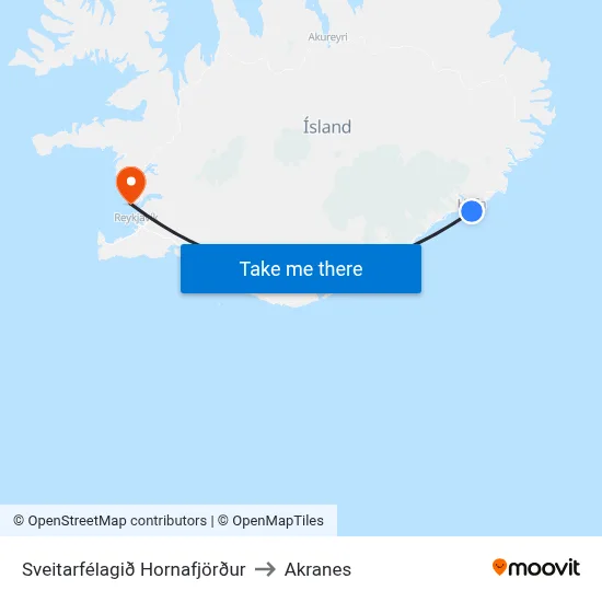 Sveitarfélagið Hornafjörður to Akranes map