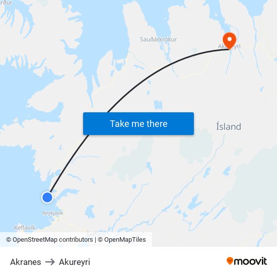 Akranes to Akureyri map