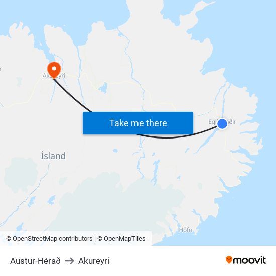 Austur-Hérað to Akureyri map