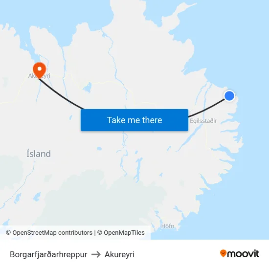 Borgarfjarðarhreppur to Akureyri map