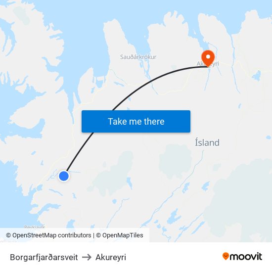 Borgarfjarðarsveit to Akureyri map