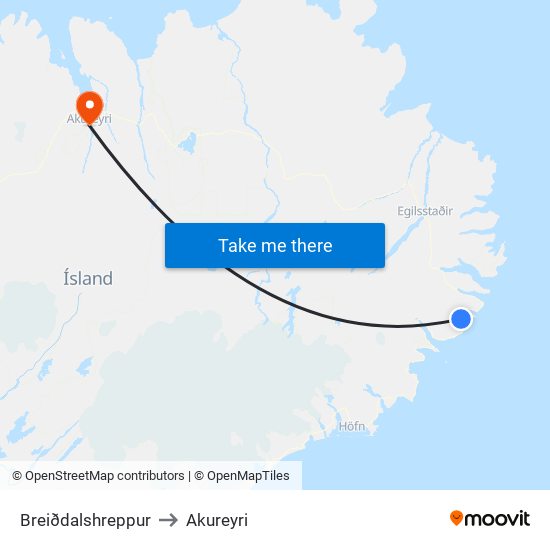 Breiðdalshreppur to Akureyri map
