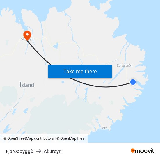 Fjarðabyggð to Akureyri map