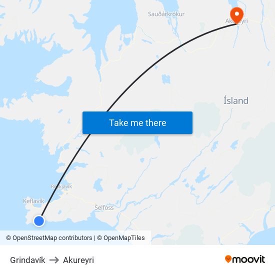 Grindavík to Akureyri map