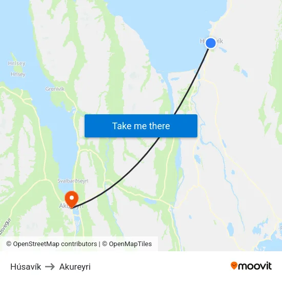 Húsavík to Akureyri map