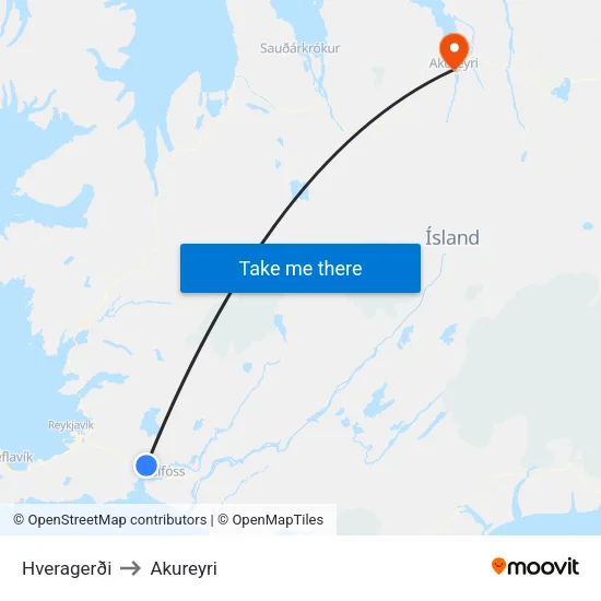 Hveragerði to Akureyri map