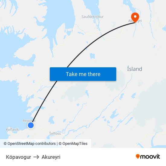 Kópavogur to Akureyri map