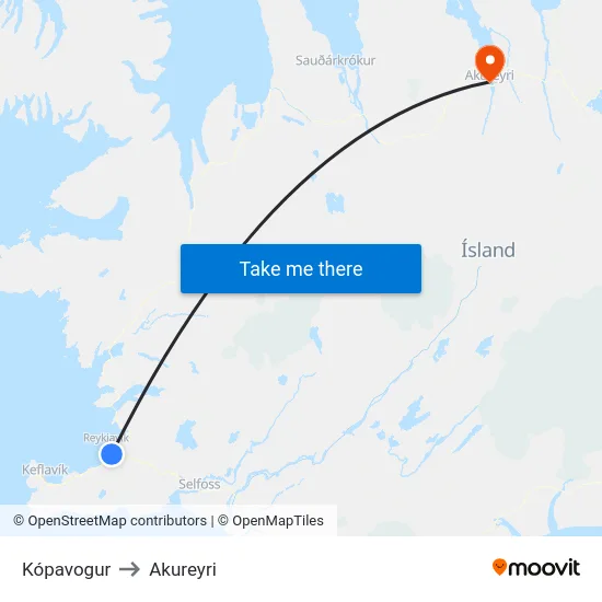 Kópavogur to Akureyri map