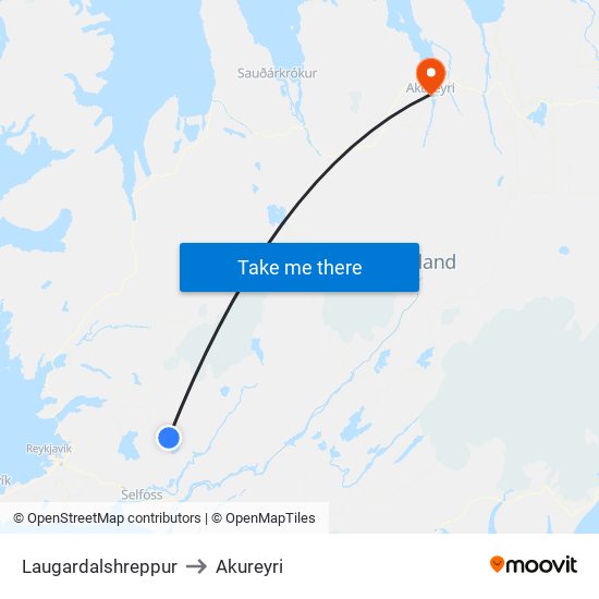 Laugardalshreppur to Akureyri map