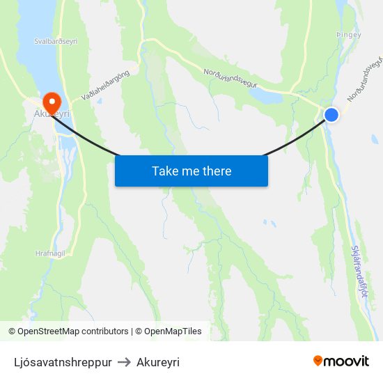 Ljósavatnshreppur to Akureyri map