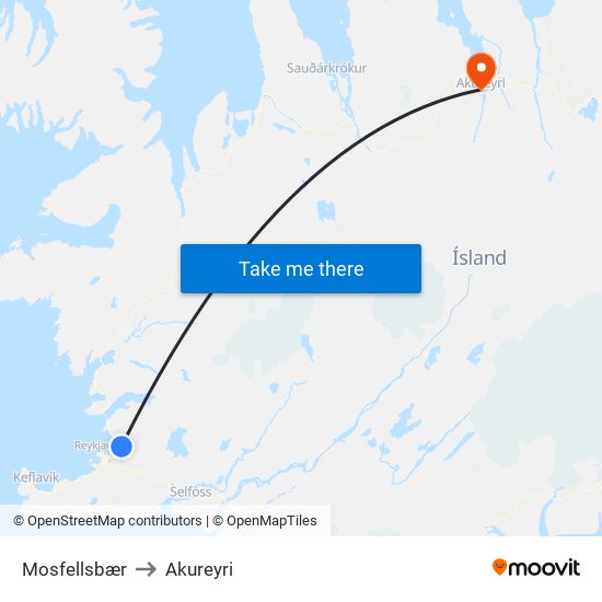 Mosfellsbær to Akureyri map