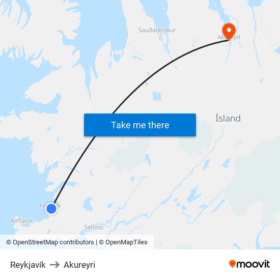 Reykjavík to Akureyri map